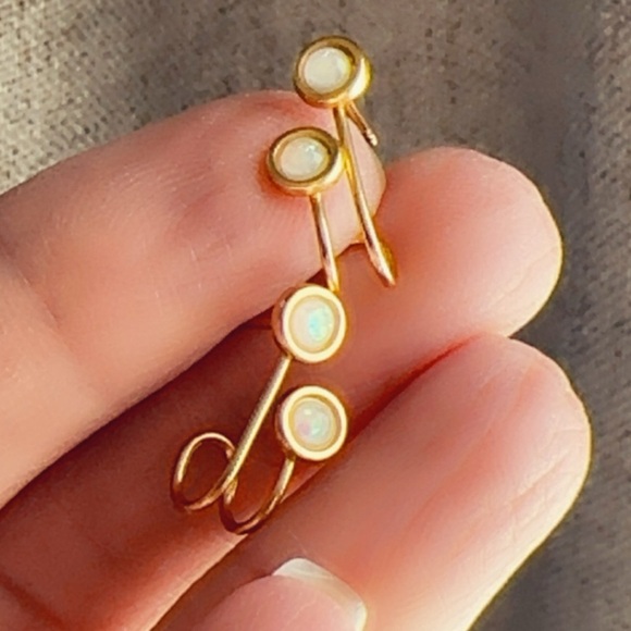 14k Vermeil Gold Semi Precious Double Opal Earrings - Picture 5 of 17